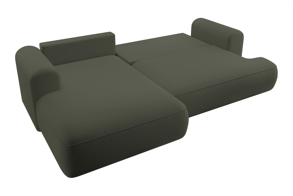 Canapé d'angle convertible Ovo en velours olive avec coffre de rangement en tissu facile à nettoyer, version gauche