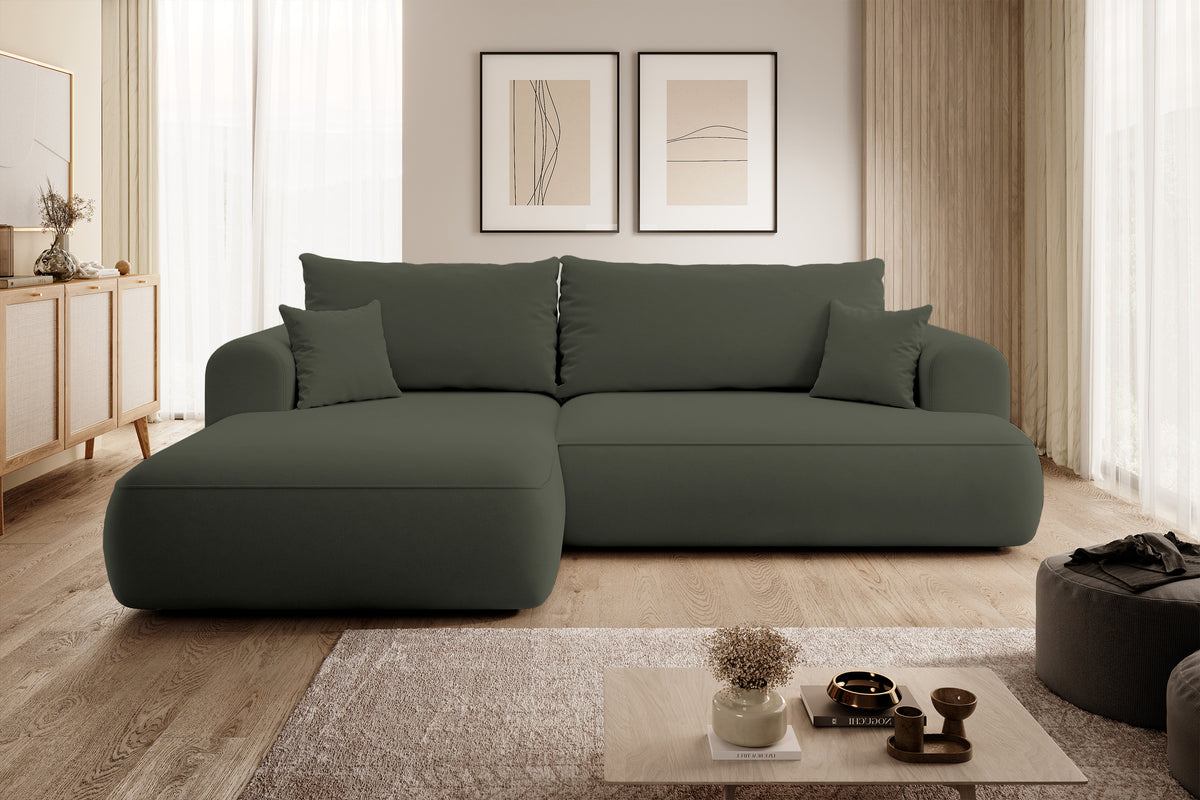 Canapé d'angle convertible Ovo en velours olive avec coffre de rangement en tissu facile à nettoyer, version gauche
