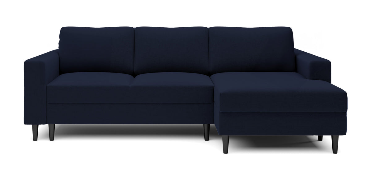 Canapé d'angle convertible Nalika en velours hydrofuge bleu marine avec rangement, orientation droite