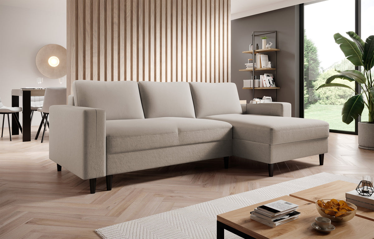 Canapé d'angle avec fonction couchage Nalika en L, avec coffre de rangement, velours hydrofuge beige, orientation droite