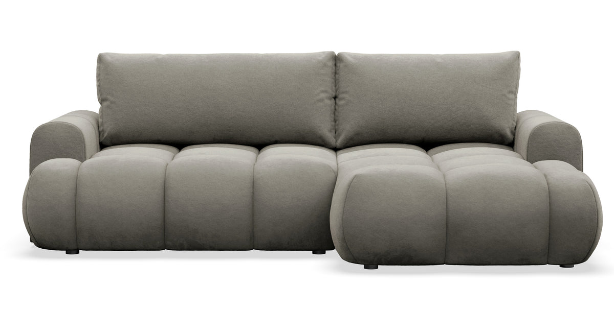 Canapé d'angle convertible Ombo Mini en L, version droite, avec coffre de rangement, velours hydrofuge gris brun