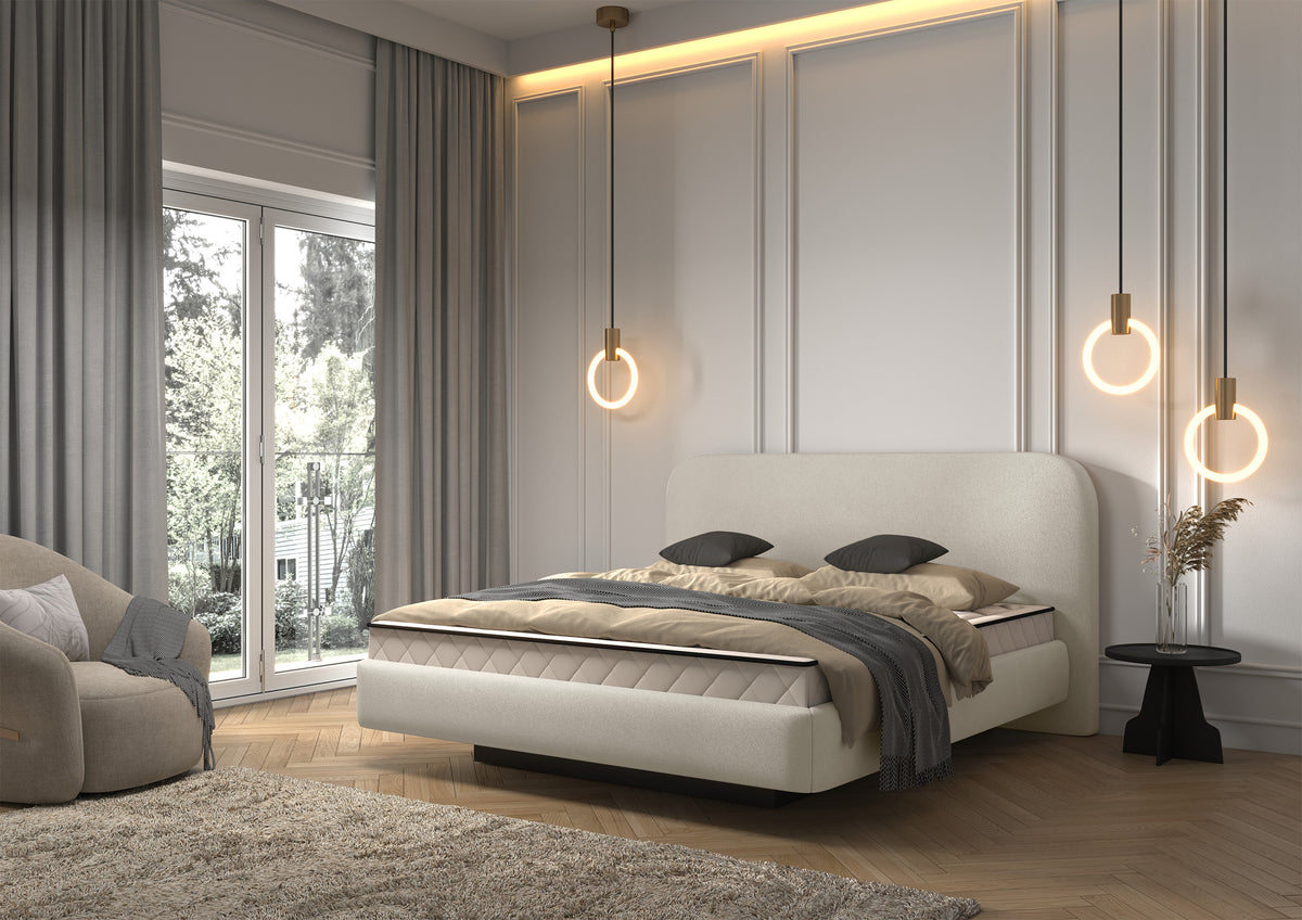 Lit tapissé 120x200 cm Nellado avec rangement et matelas en chenille beige clair