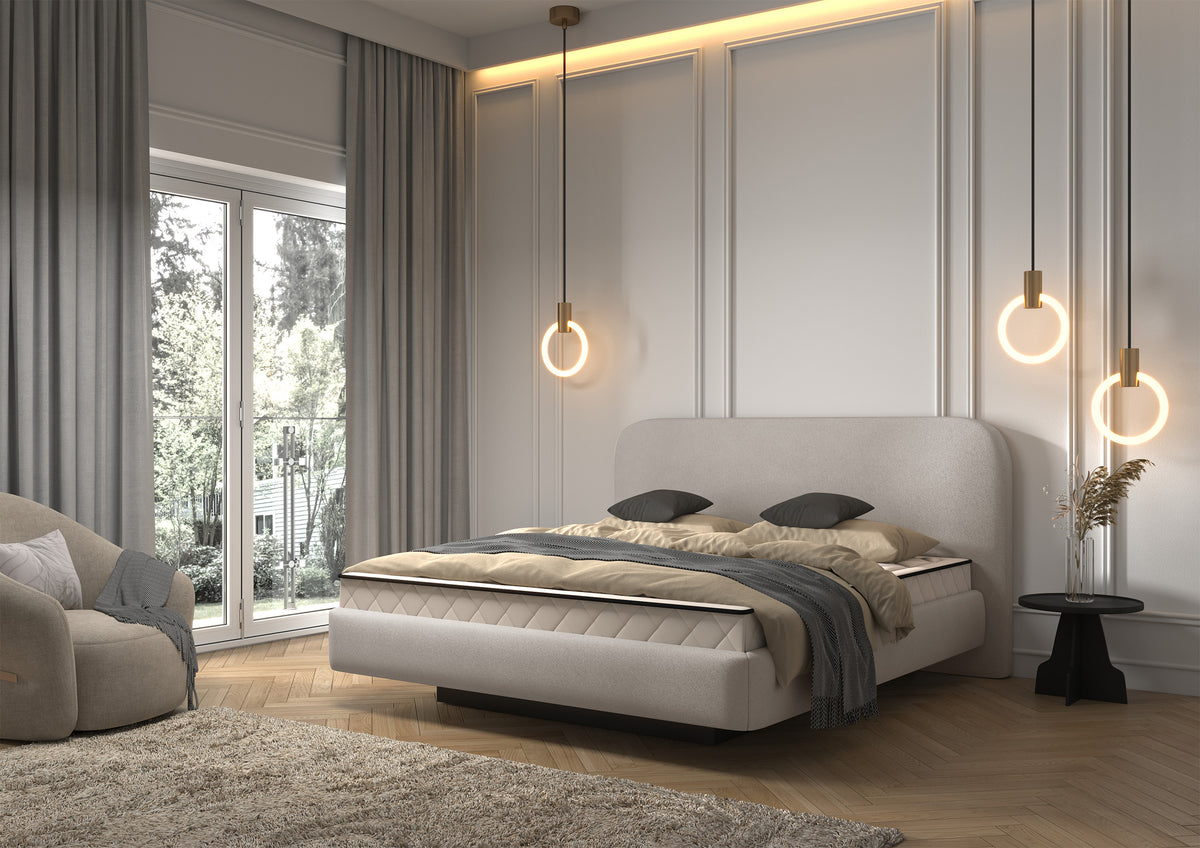 Lit tapissé 160x200 cm Nellado avec rangement et matelas en chenille gris-beige