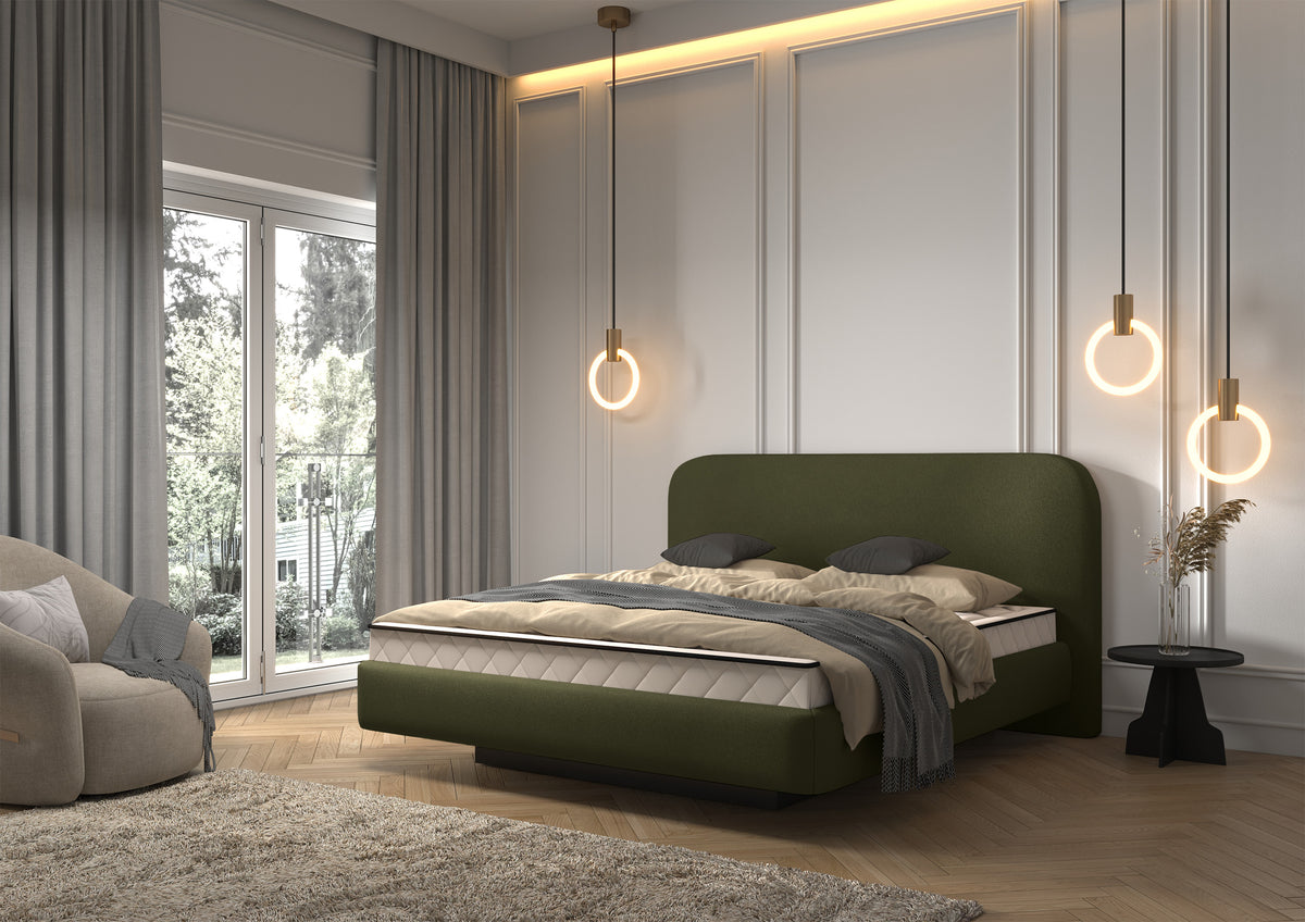 Lit tapissé 160x200 cm Nellado avec rangement, velours chenille olive
