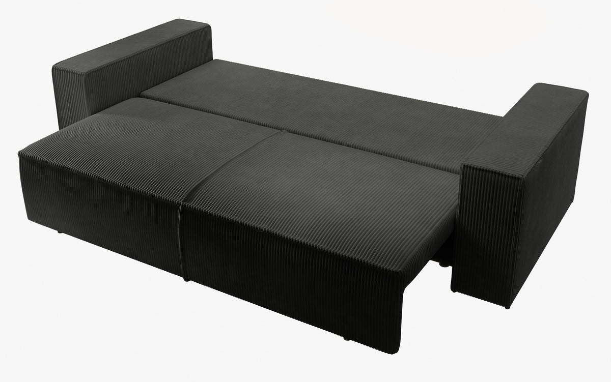 Dreisitziges ausklappbares Sofa Farese mit Stauraum, dunkelgrauer Cordstoff