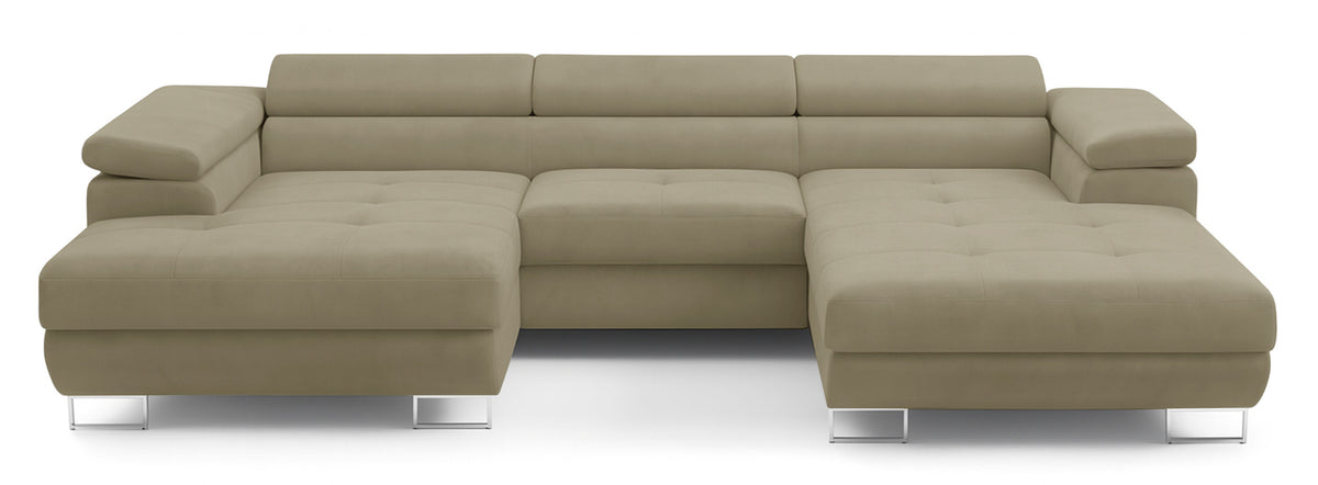 Canapé d'angle convertible Nollia en U, côté gauche, avec têtes réglables et deux coffres, bouclé marron clair