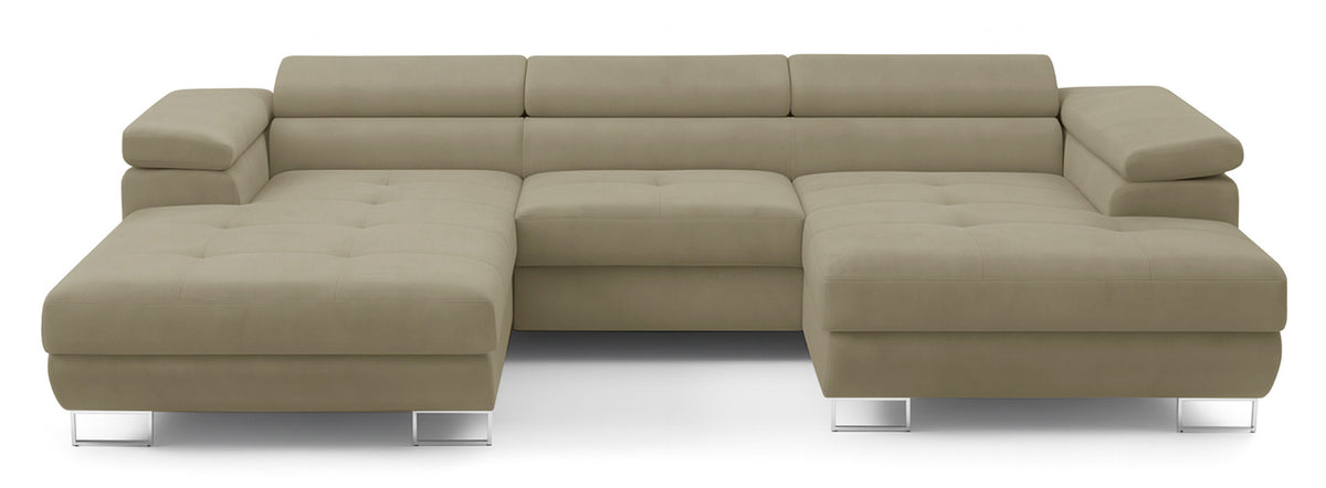 Canapé d'angle convertible Nollia en U, côté droit, avec têtes réglables et deux rangements, bouclé marron clair