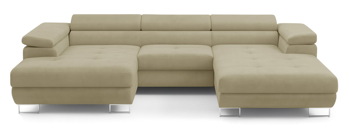 Canapé d'angle convertible Nollia en U, côté gauche, avec têtes réglables et deux coffres, beige bouclé