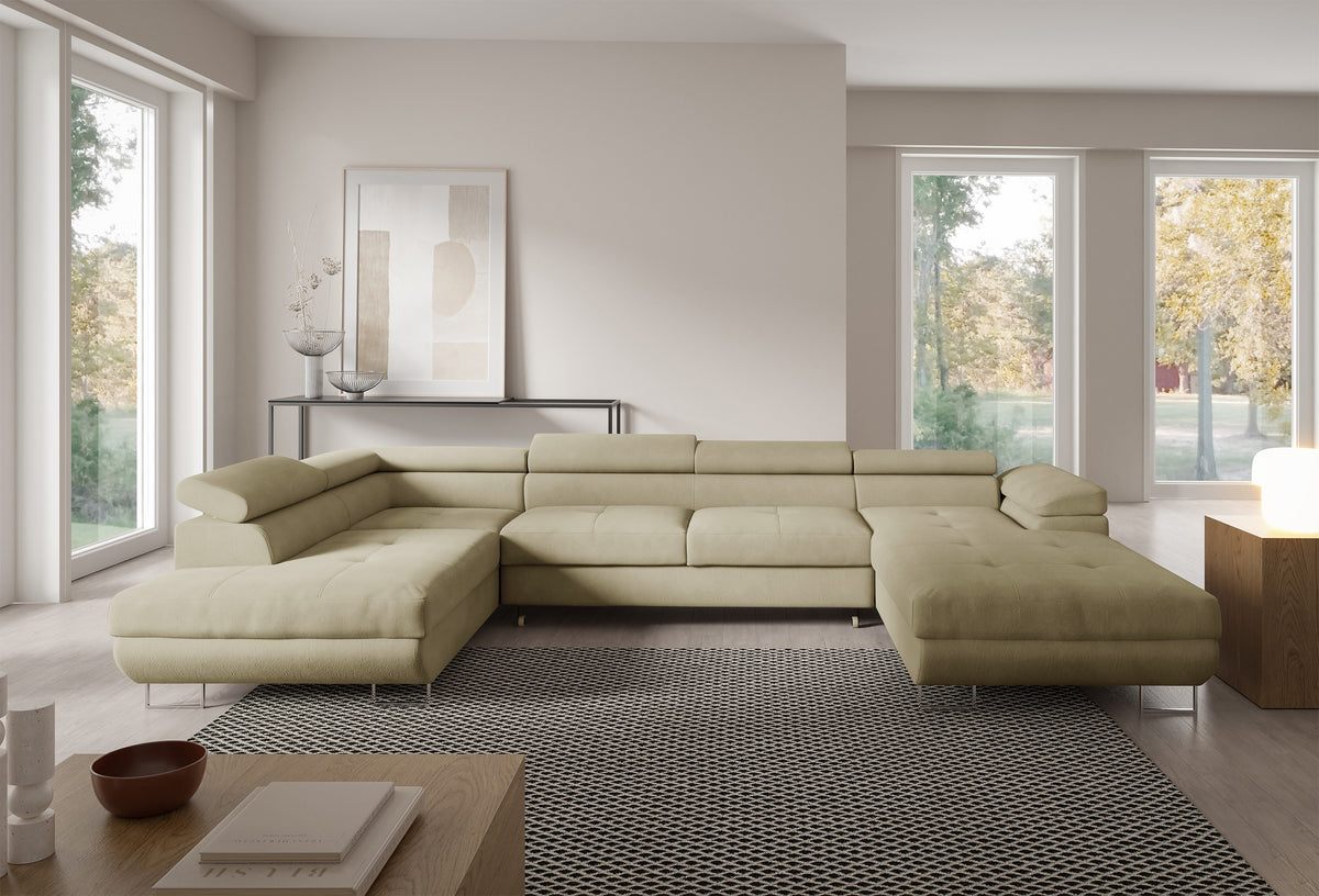 Canapé d'angle convertible Nollia en U, côté gauche, avec têtes réglables et deux coffres, beige bouclé