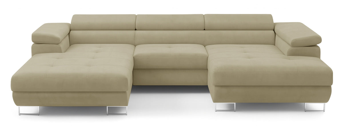 Ecksofa mit Schlaffunktion Nollia, U-förmig, rechtsseitig, mit verstellbaren Kopfstützen und zwei Stauraumfächern, beige Bouclé
