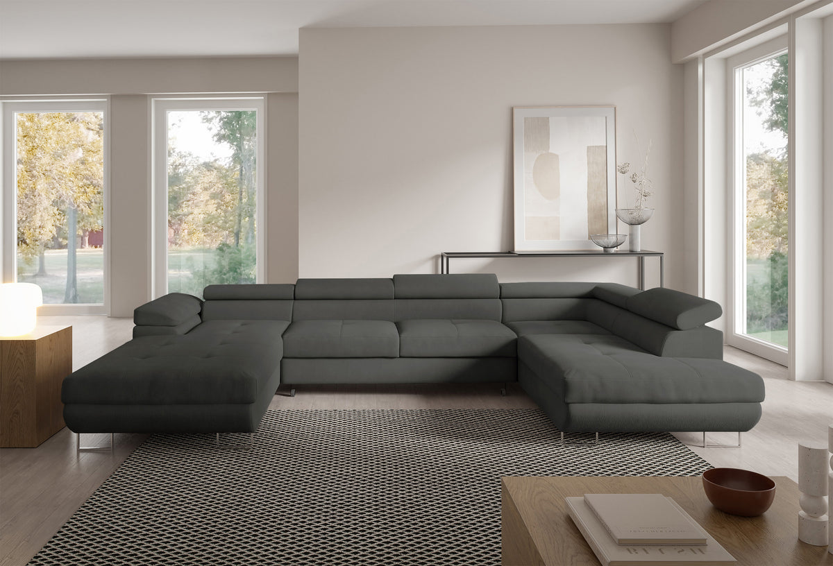 Canapé d'angle convertible Nollia en U, côté droit, avec têtes réglables et deux rangements, boucle gris foncé