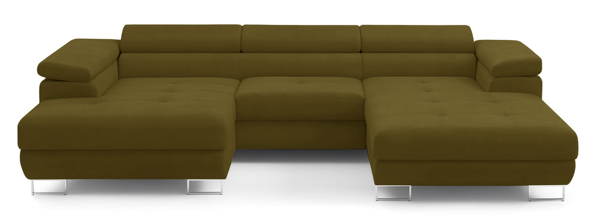 Ecksofa mit Schlaffunktion Nollia, U-förmig, linksseitig, mit verstellbaren Kopfstützen und zwei Stauraumfächern, olivfarbenes Bouclé