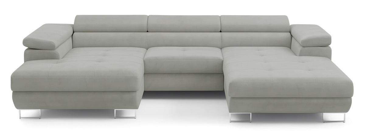 Canapé d'angle convertible Nollia en U, version gauche, avec têtières réglables et deux coffres, tissu boucle gris clair