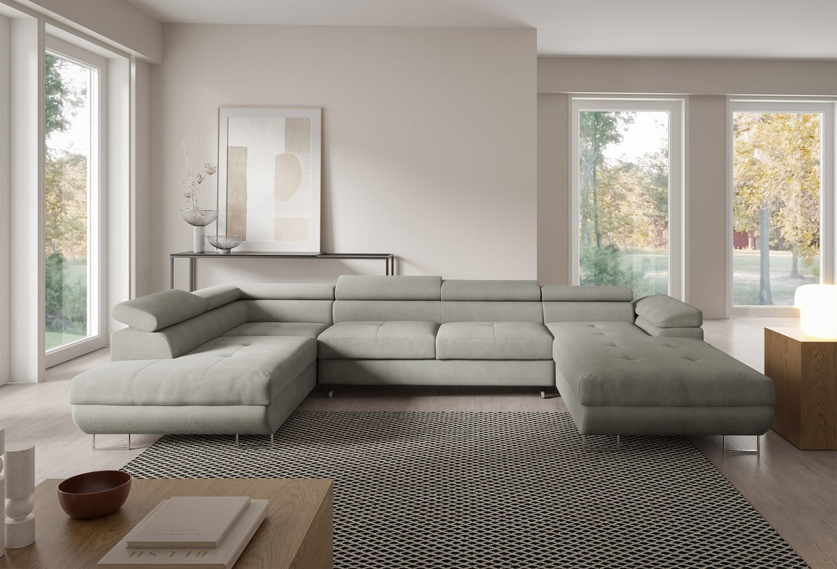 Canapé d'angle convertible Nollia en U, version gauche, avec têtières réglables et deux coffres, tissu boucle gris clair