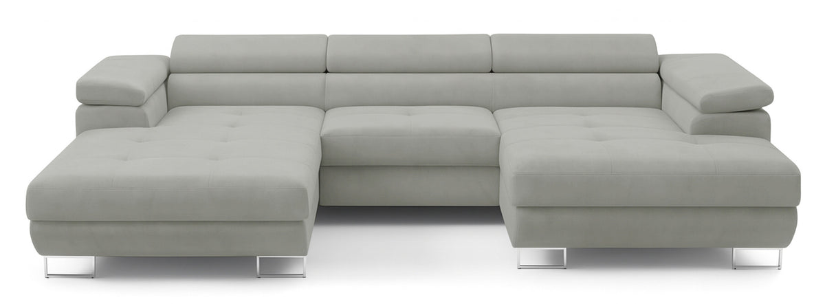 Canapé d'angle droit Nollia en U avec fonction couchage, têtières réglables et deux coffres, bouclé gris clair