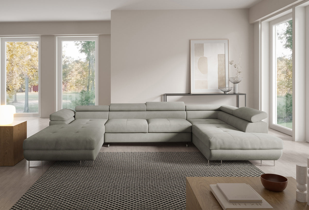 Canapé d'angle droit Nollia en U avec fonction couchage, têtières réglables et deux coffres, bouclé gris clair