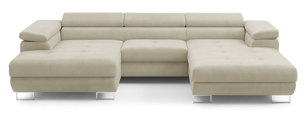 Canapé d'angle convertible Nollia en U, côté gauche, avec appuie-têtes réglables et deux coffres, bouclé crème