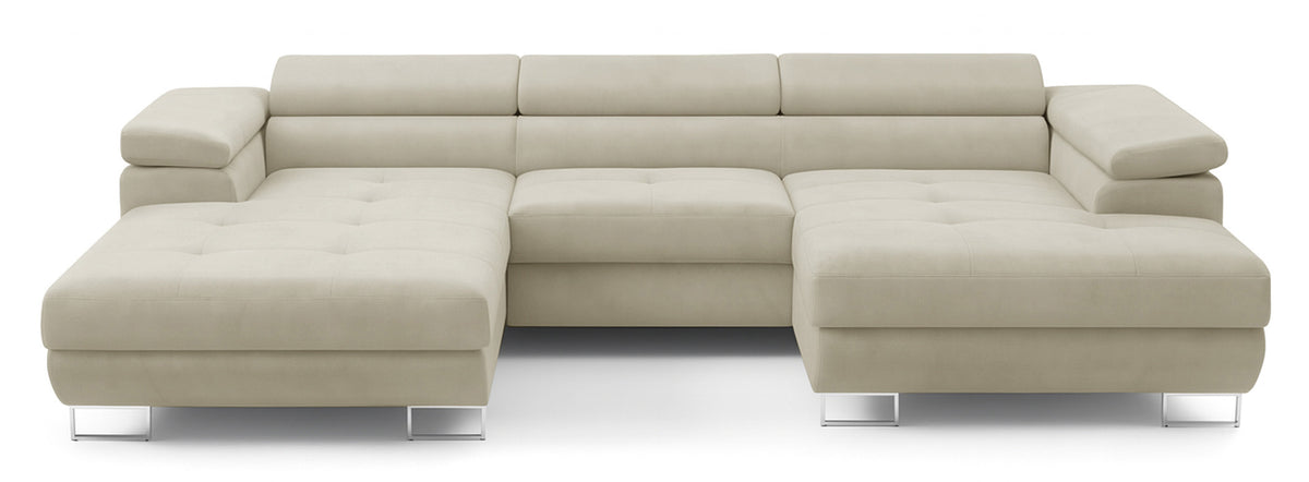 Canapé d'angle convertible Nollia en U, version droite, avec têtes réglables et deux coffres de rangement, en boucle crème