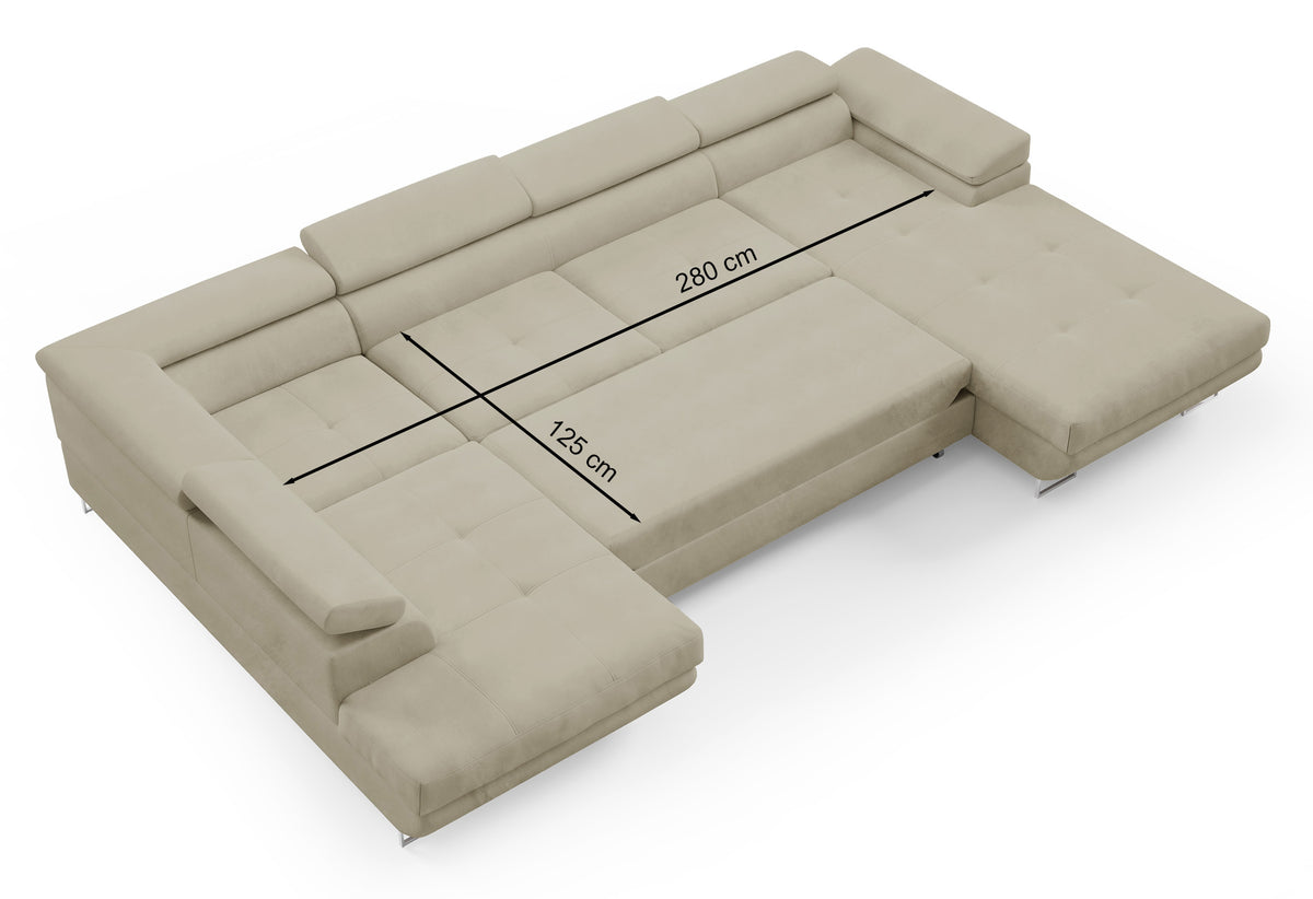 Ecksofa mit Schlaffunktion Nollia, U-förmig, rechtsseitig, mit verstellbaren Kopfstützen und zwei Stauraumfächern, beige Bouclé