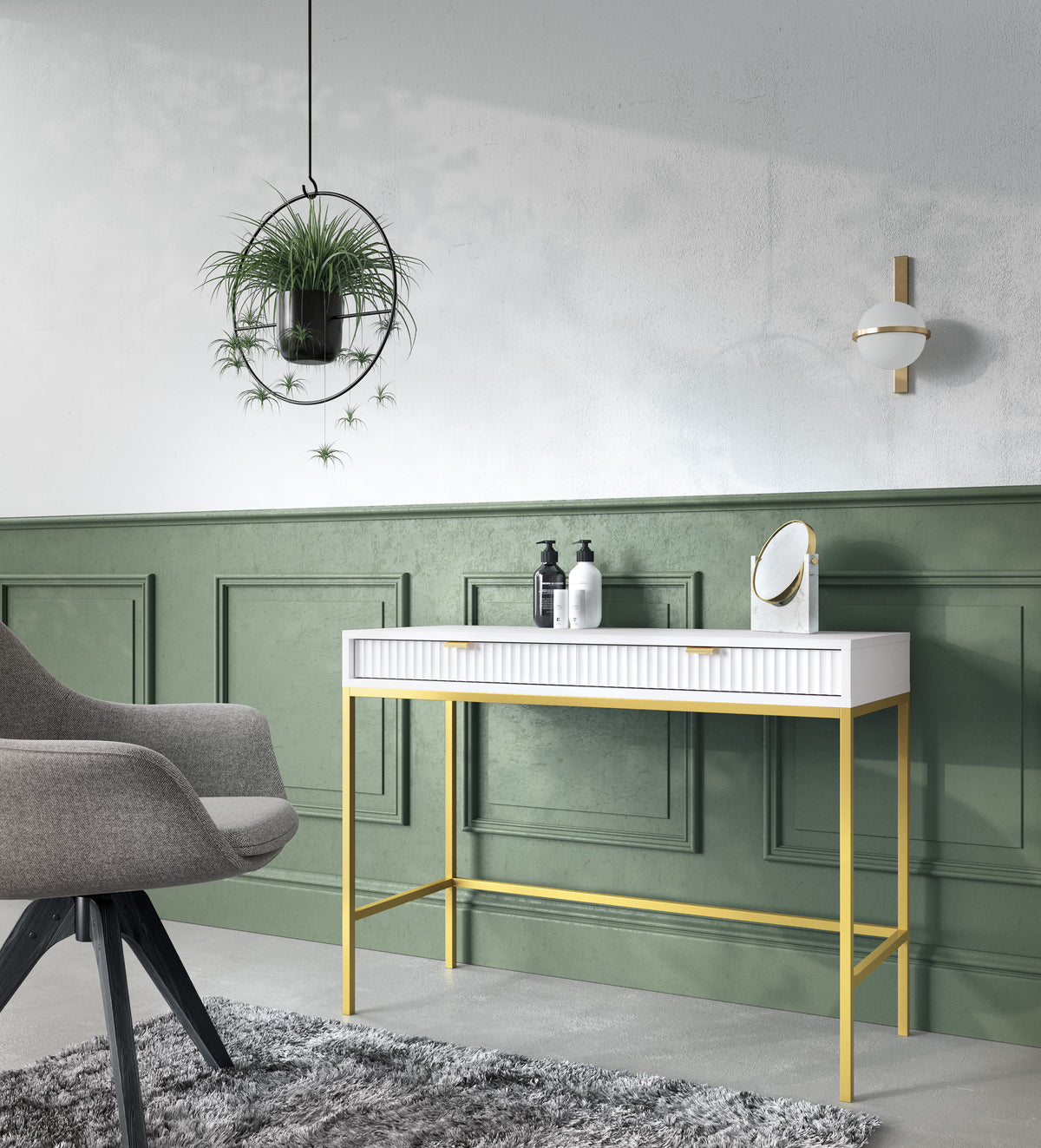 Bureau coiffeuse Vellore 104 cm blanc avec façades rainurées et structure dorée