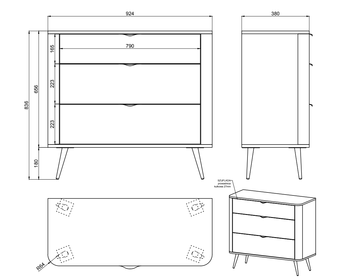 Commode Oval blanche avec trois tiroirs 92 cm