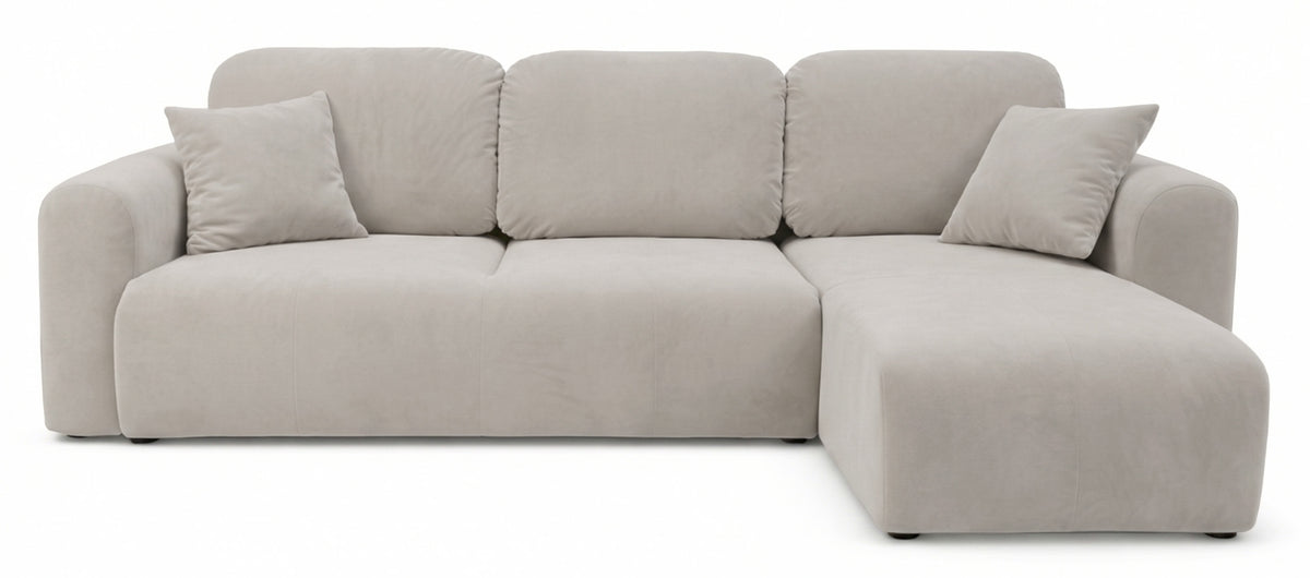 Canapé d'angle universel Olido L avec fonction couchage et coffre, velours hydrofuge gris beige
