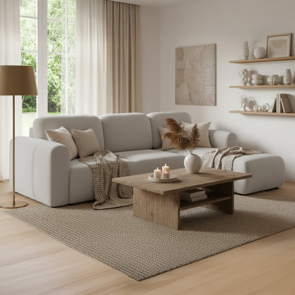 Canapé d'angle universel Olido L avec fonction couchage et coffre, velours hydrofuge gris beige
