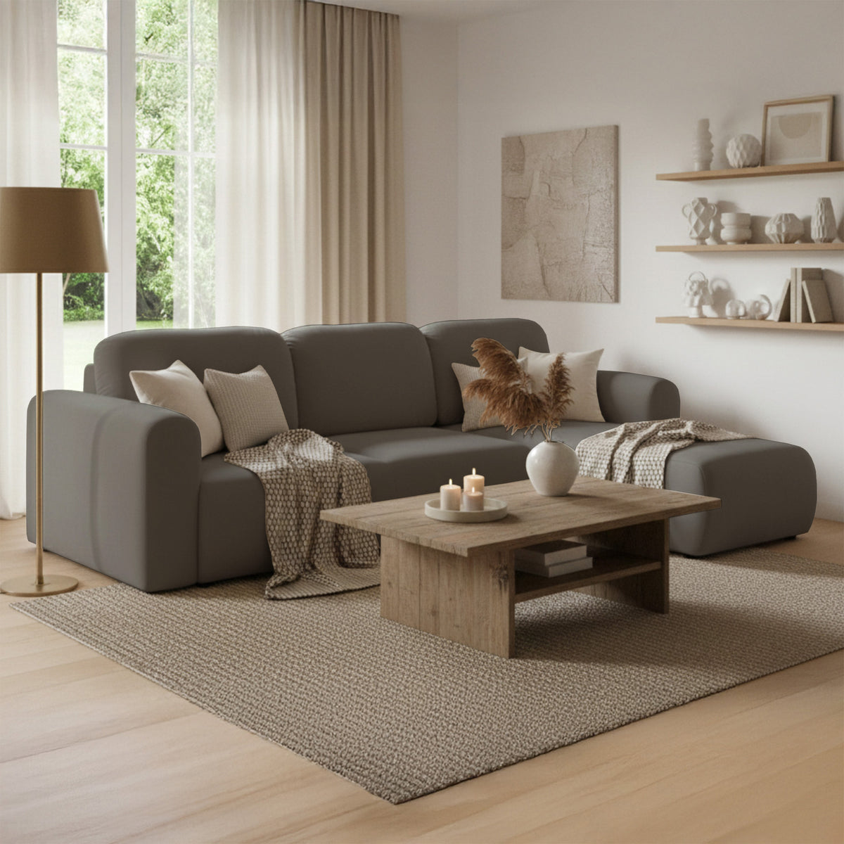 Ecksofa mit Schlaffunktion Olido, L-förmig, universell, mit Stauraum, dunkelbeige, hydrophobes Samtgewebe