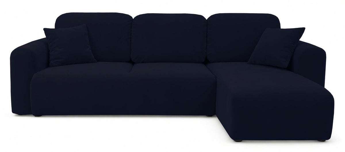Ecksofa mit Schlaffunktion Olido, L-förmig, universell, mit Stauraum, marineblauer hydrophober Samt