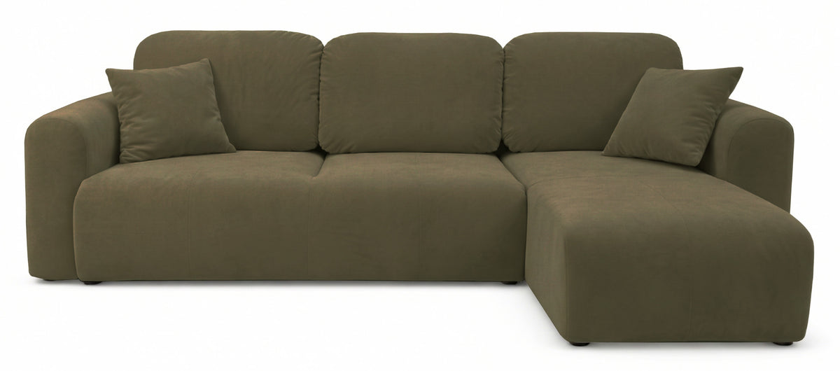 Canapé d'angle convertible Olido en L universel avec coffre, velours hydrofuge olive