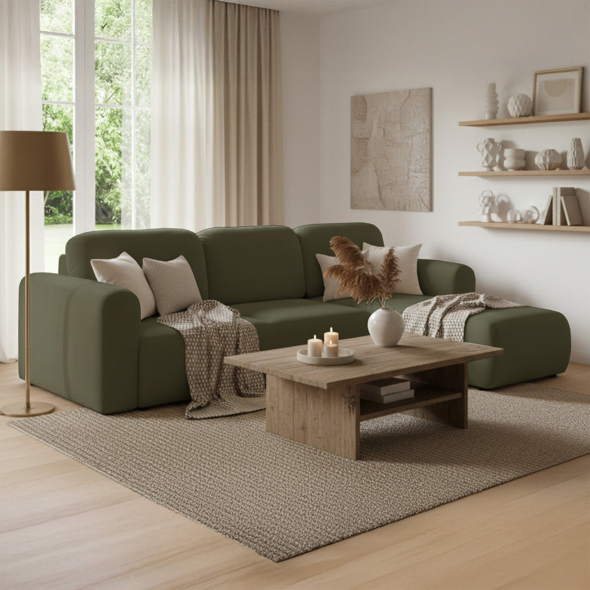 Canapé d'angle convertible Olido en L universel avec coffre, velours hydrofuge olive