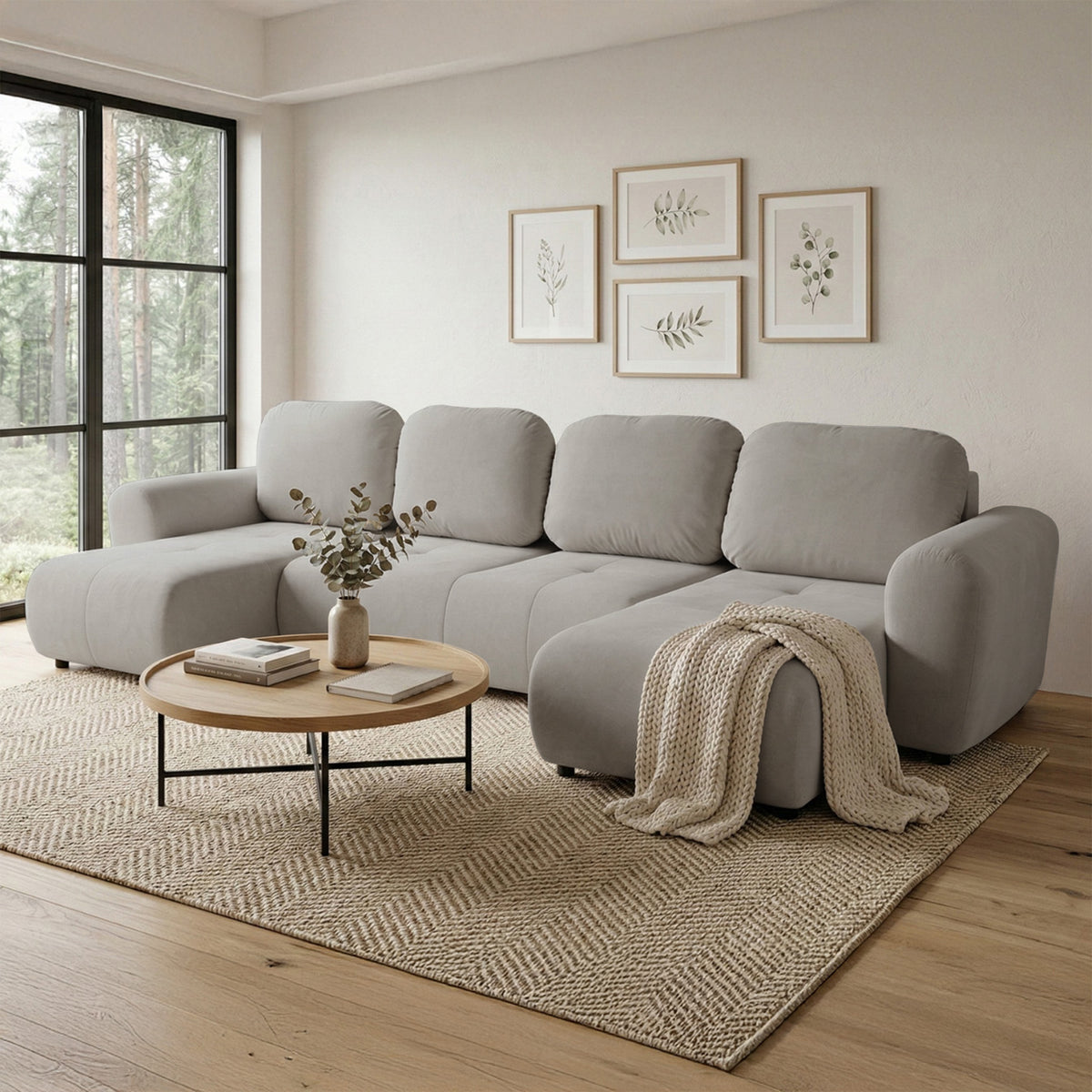 Canapé d'angle convertible Olido en U universel avec coffre, velours hydrofuge gris beige