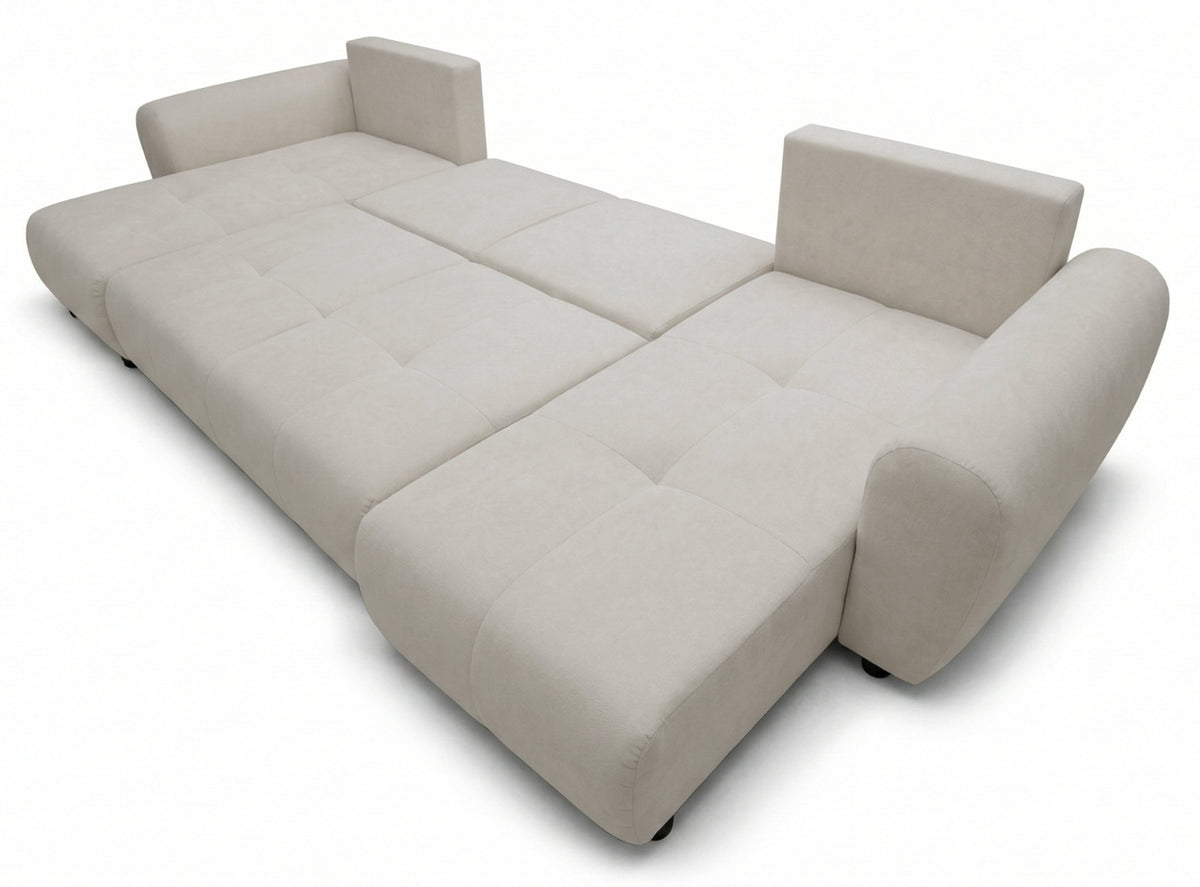 Canapé d'angle convertible Olido en U universel avec coffre, velours hydrofuge gris beige