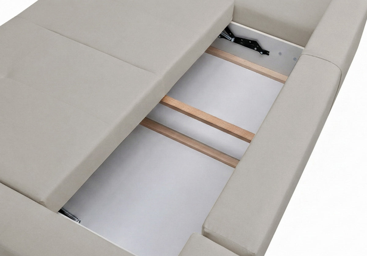 Canapé d'angle convertible Olido en U universel avec coffre, velours hydrofuge gris beige