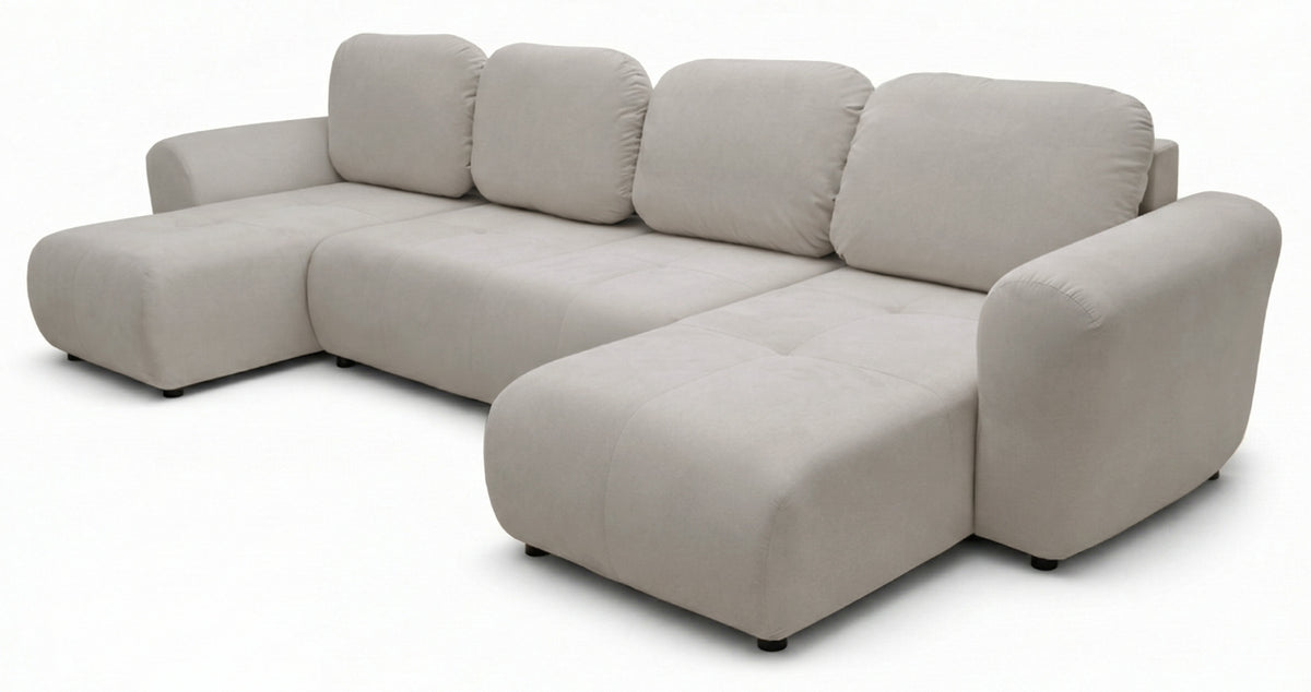 Canapé d'angle convertible Olido en U universel avec coffre, velours hydrofuge gris beige
