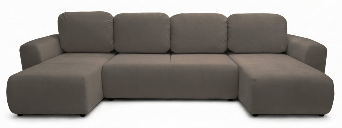Canapé d'angle convertible Olido en U universel avec coffre, velours hydrofuge beige foncé