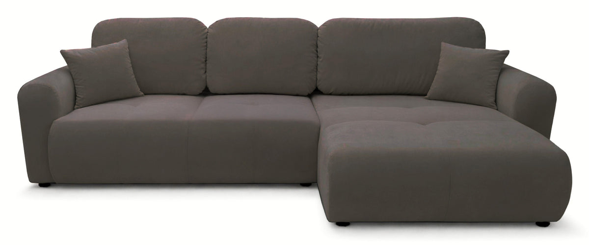 Canapé d'angle Olido grand universel en L avec fonction couchage et coffre, velours hydrofuge beige foncé