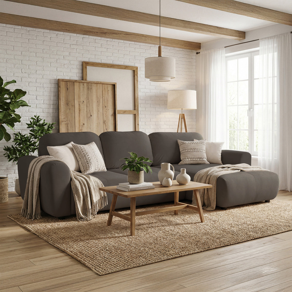 Canapé d'angle Olido grand universel en L avec fonction couchage et coffre, velours hydrofuge beige foncé