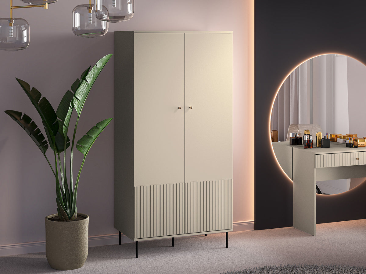 Armoire deux portes Caletto 92 cm avec lamelles décoratives beige