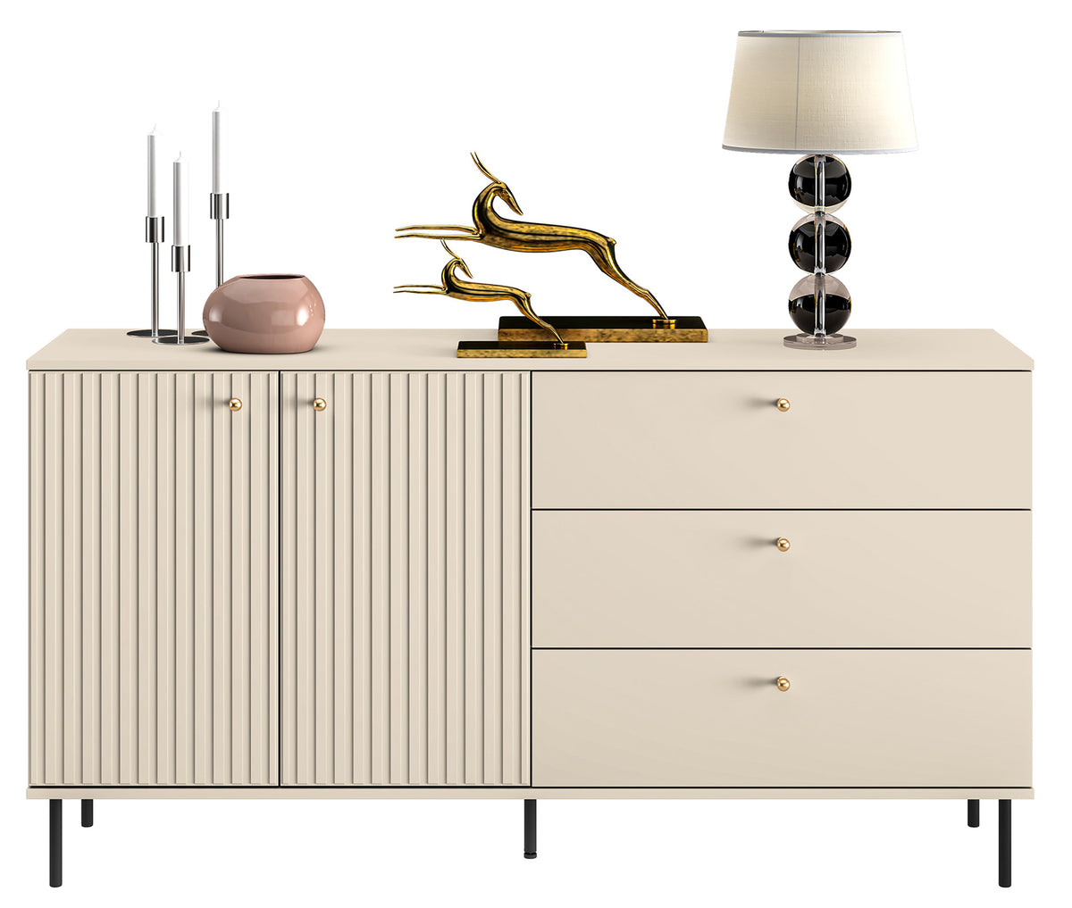 Commode 2 portes Caletto avec 3 tiroirs 160 cm lames décoratives beige