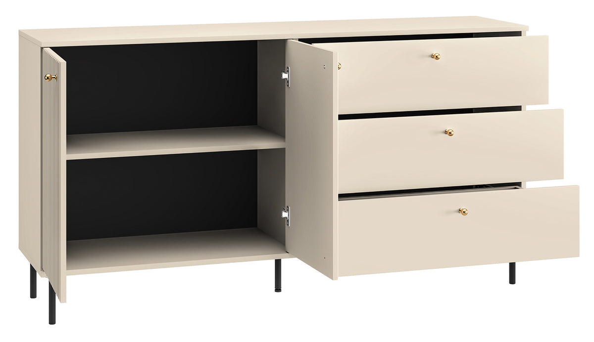 Commode 2 portes Caletto avec 3 tiroirs 160 cm lames décoratives beige