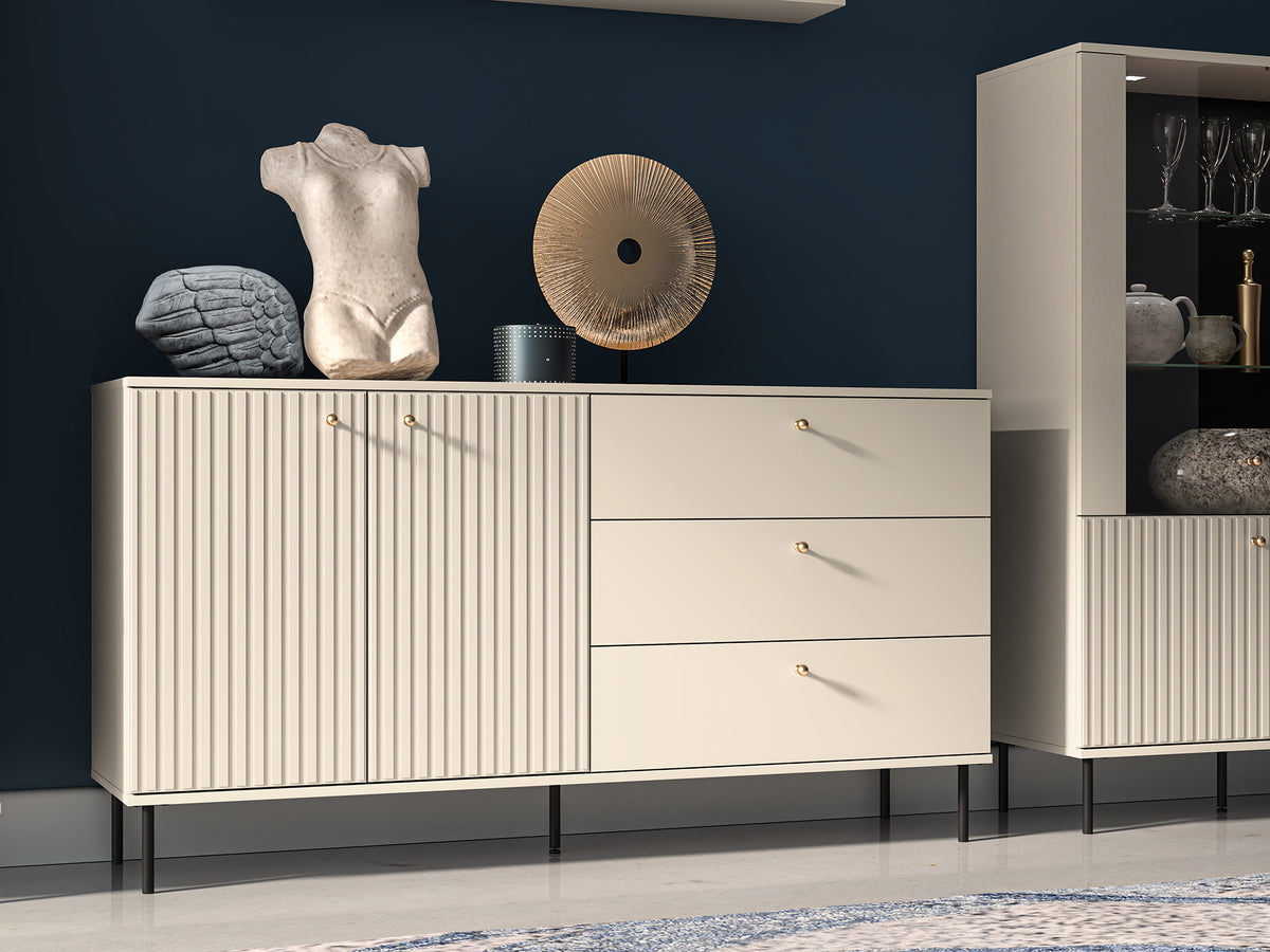 Commode 2 portes Caletto avec 3 tiroirs 160 cm lames décoratives beige