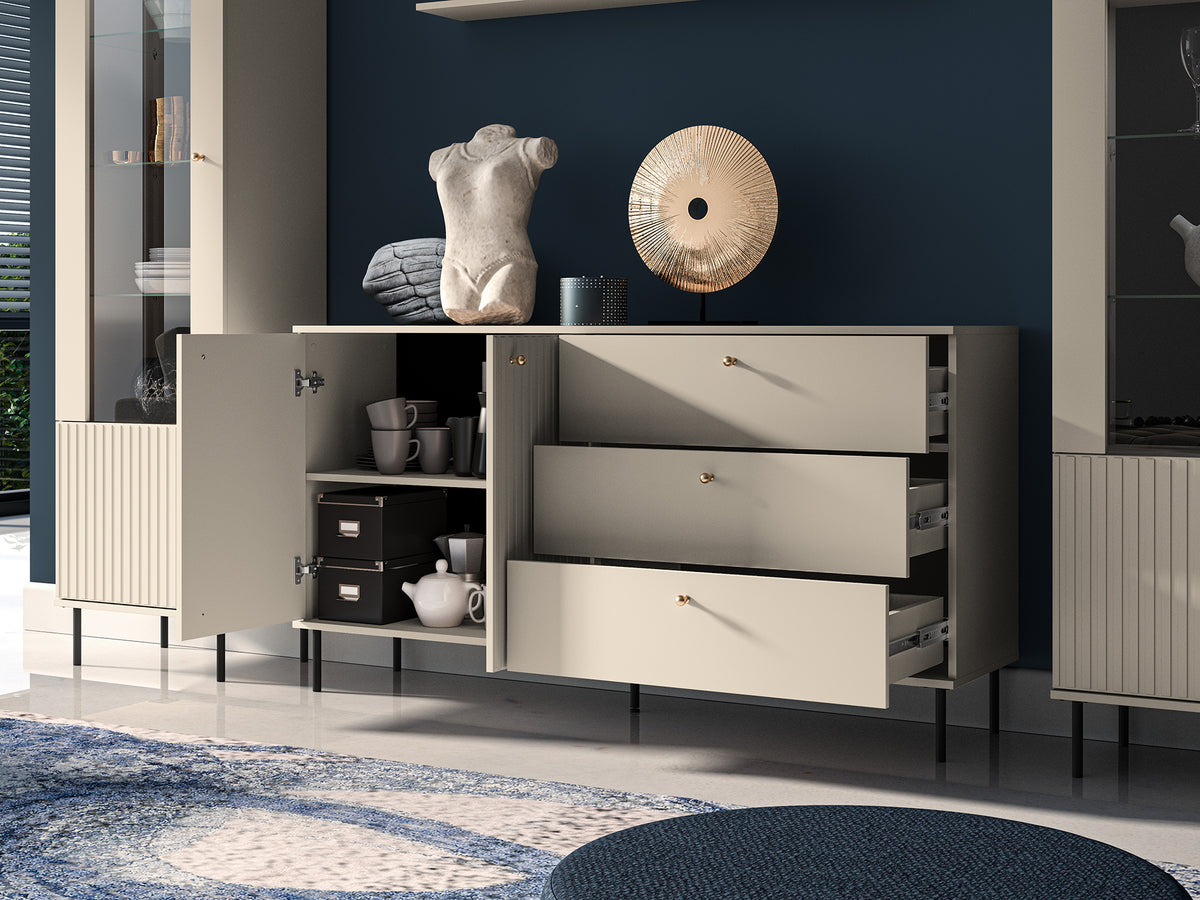 Commode 2 portes Caletto avec 3 tiroirs 160 cm lames décoratives beige
