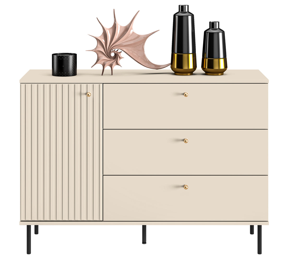 Commode 1 porte Caletto avec trois tiroirs 120 cm, lamelles décoratives beige