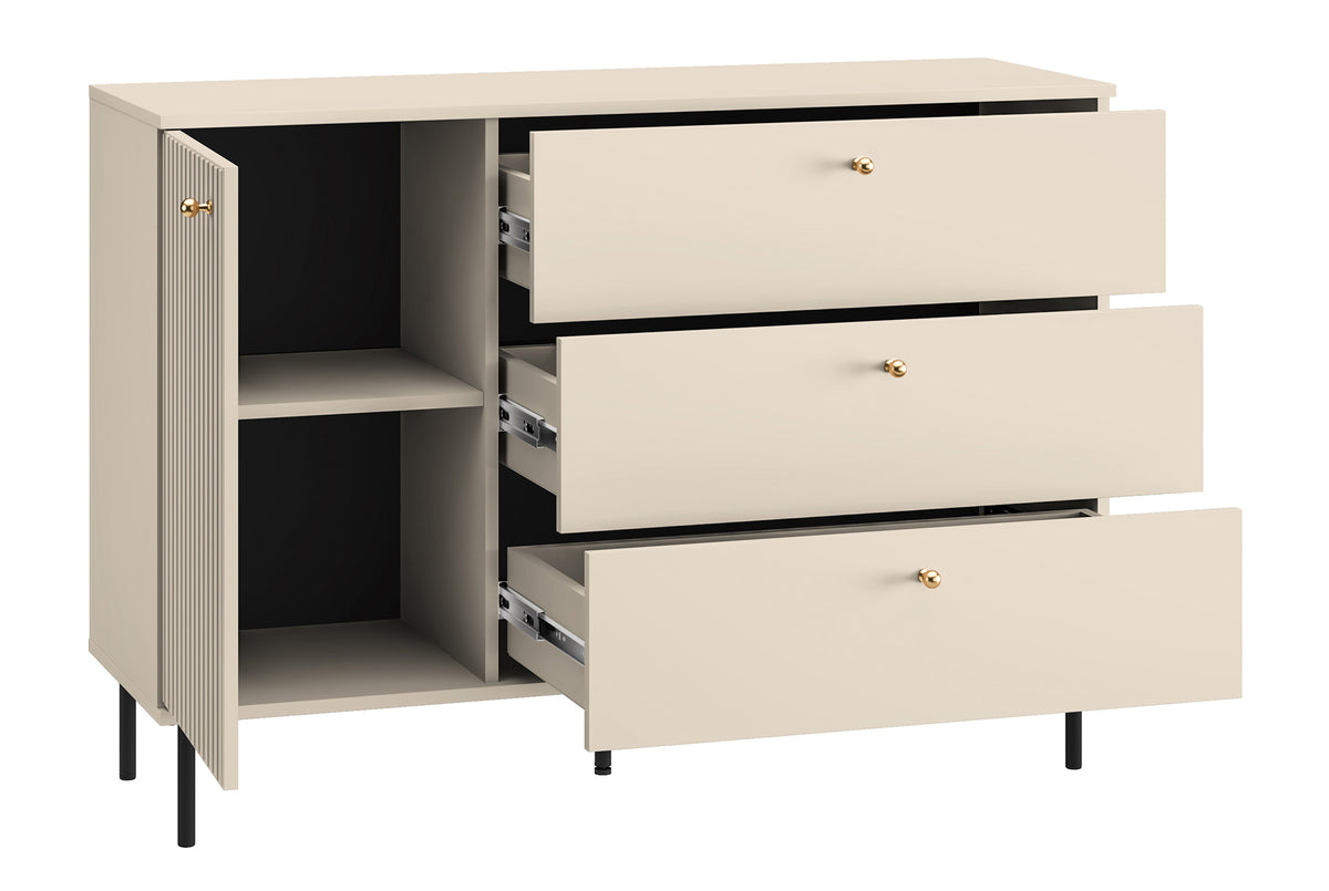 Commode 1 porte Caletto avec trois tiroirs 120 cm, lamelles décoratives beige