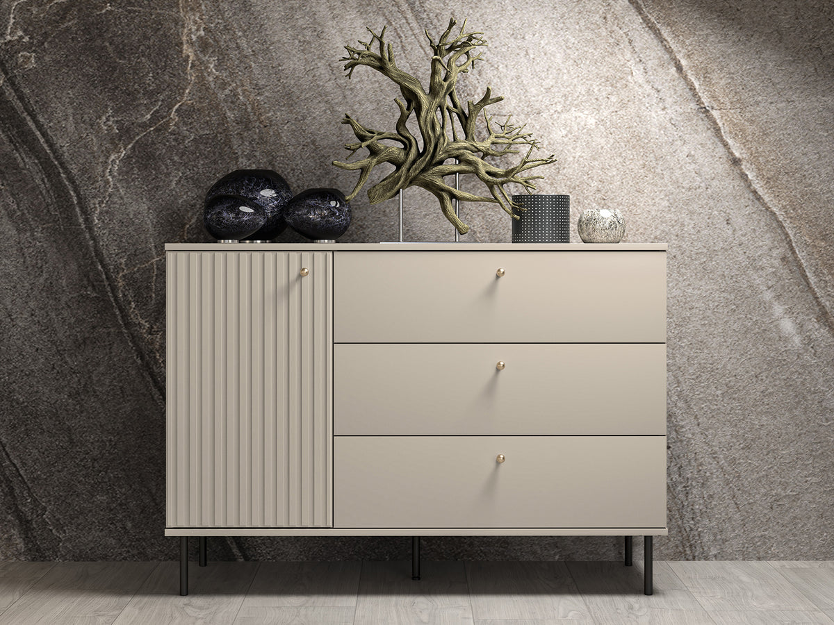 Commode 1 porte Caletto avec trois tiroirs 120 cm, lamelles décoratives beige