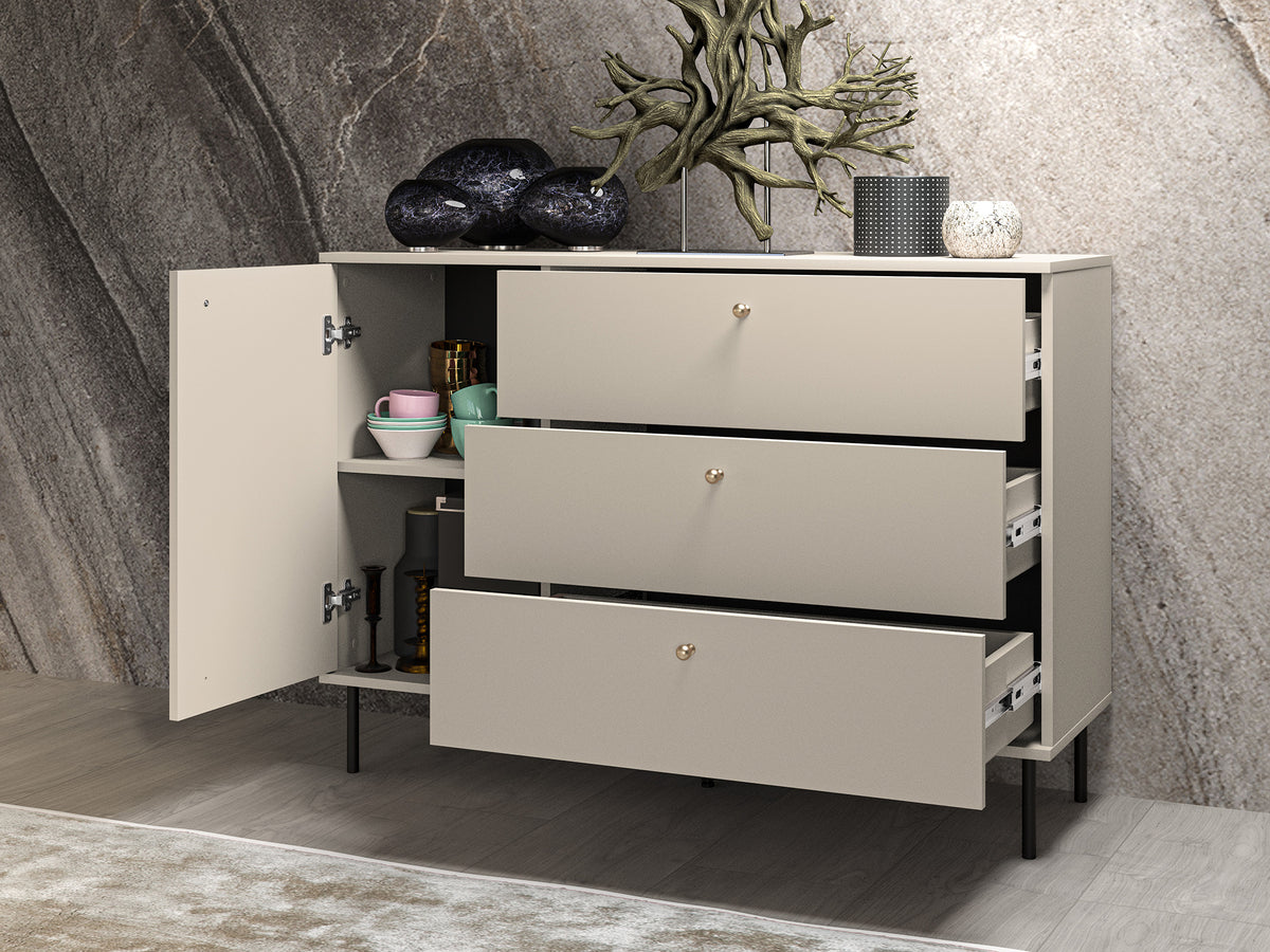 Commode 1 porte Caletto avec trois tiroirs 120 cm, lamelles décoratives beige