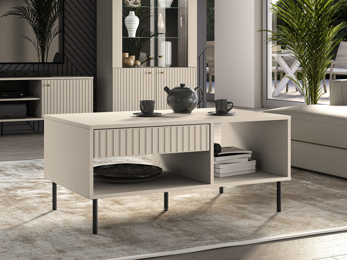 Table basse Caletto avec tiroir 100 cm lames décoratives beige