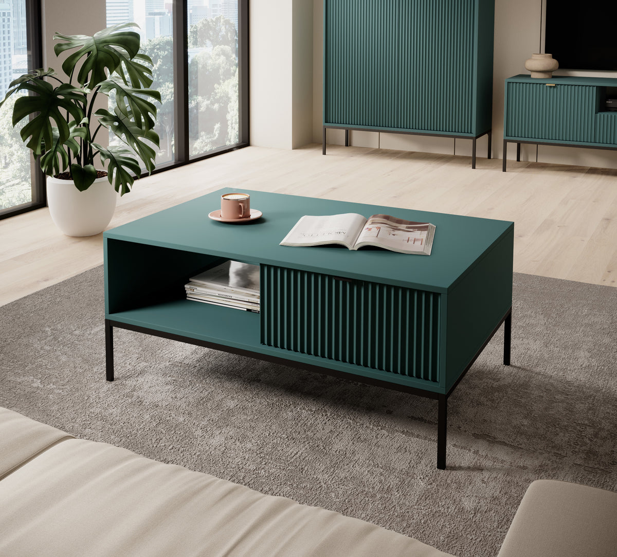 Table basse Vellore 104x68 cm verte avec façade rainurée, poignées noires et structure