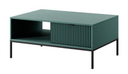 Table basse Vellore 104x68 cm verte avec façade rainurée, poignées noires et structure